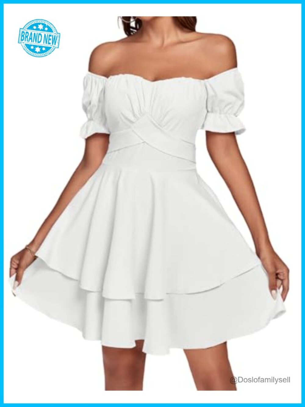 Off Shoulder Ruffle Hem Mini Dress with Belt Ruched Bust - Picture 4 of 6